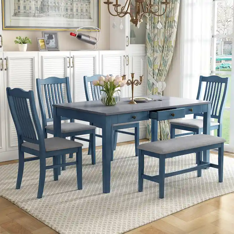 6 People Dining Table Set, 6 Piece Wood Dining Table Set with Storage Drawer, 4 Upholstered Dining Chair and Bench