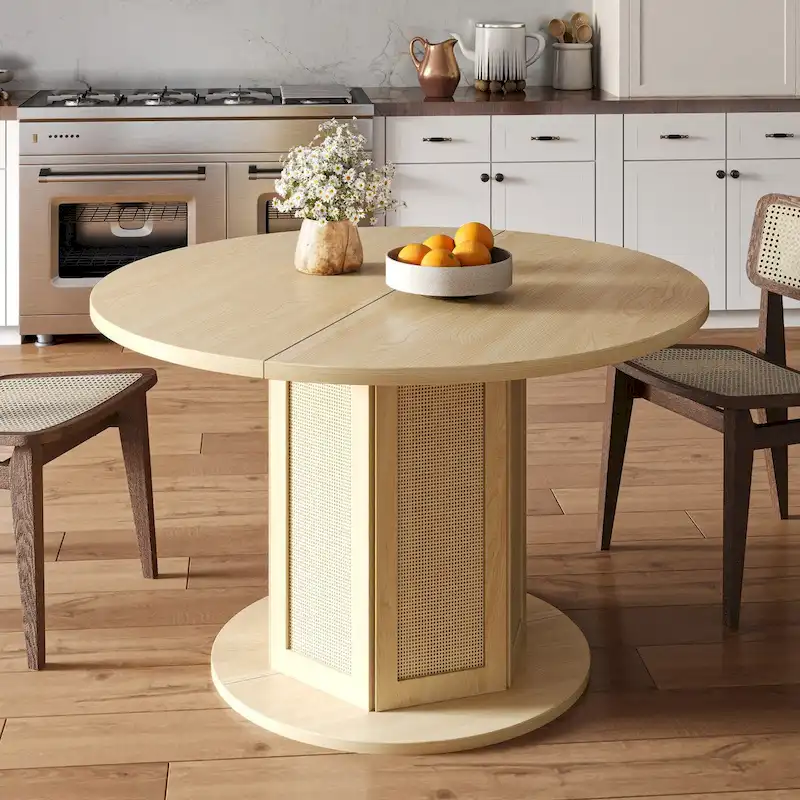 Farmhouse Round Pedestal Dining Table for 4 with Rattan Circular Base