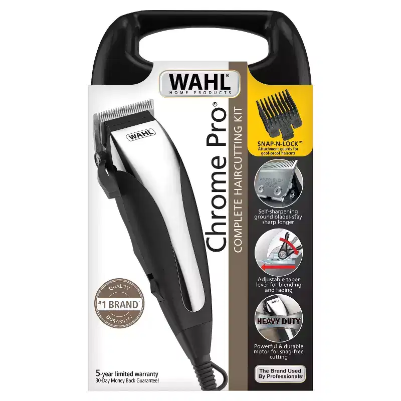 Wahl Chrome Cut Corded Electric Hair Clipper Kit with Self Sharpening Blades and 12 Haircutting Attachment Guards: Head, Neck Application