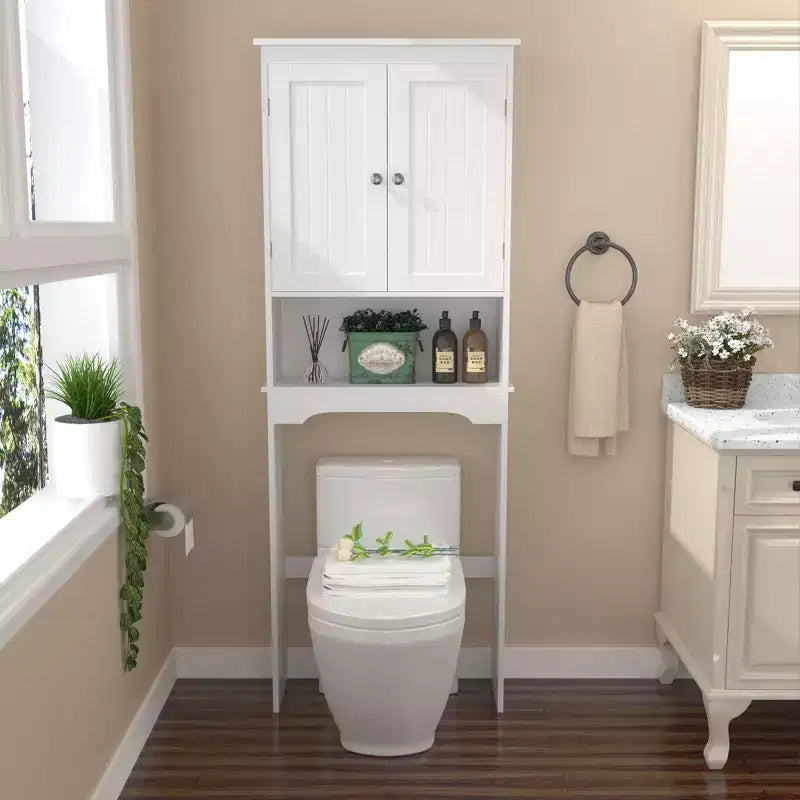66inTall Over The Toilet Storage Cabinet, Bathroom Shelf Organizer, Wood Space Saver, White