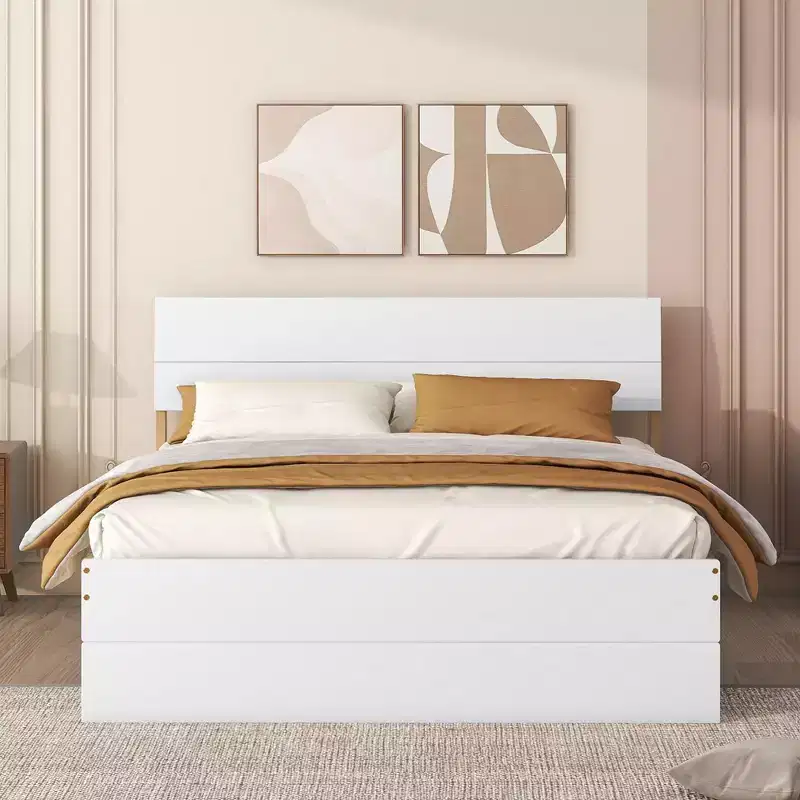 Full Size Platform Bed Frame with Twin Trundle and 2 Storage Drawers, White and Oak