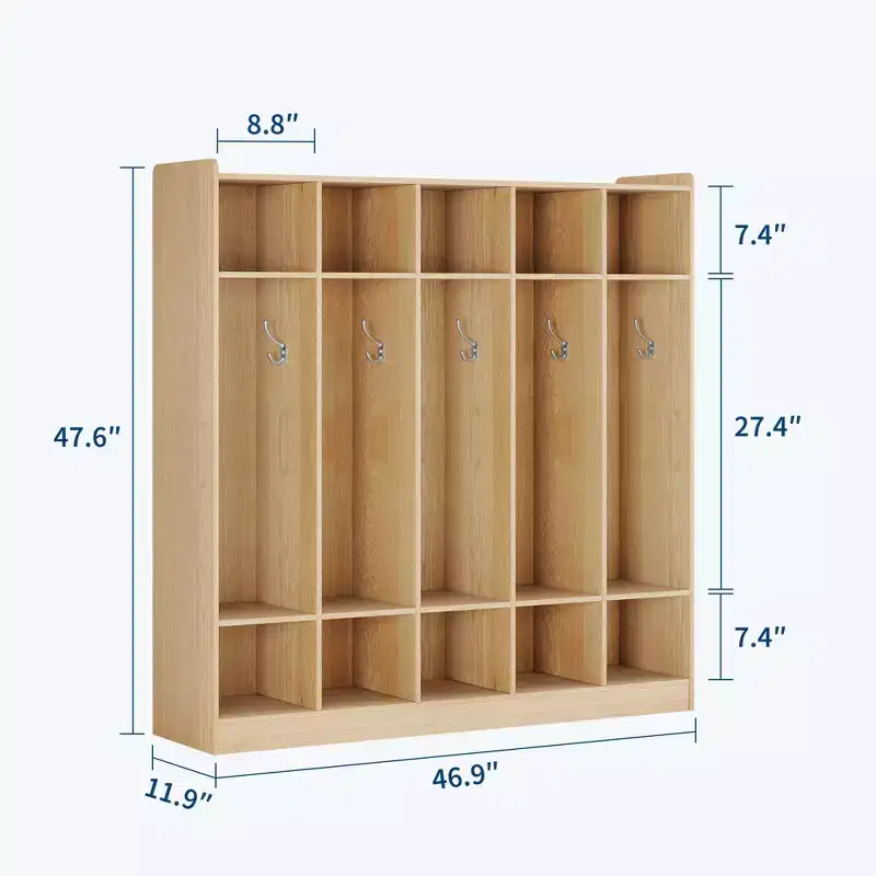 5-Section Classroom Coat Locker with 10 Cubbies, Cubby Storage Organizer with 10 Hooks for Home, School, Nursery, Kindergarten