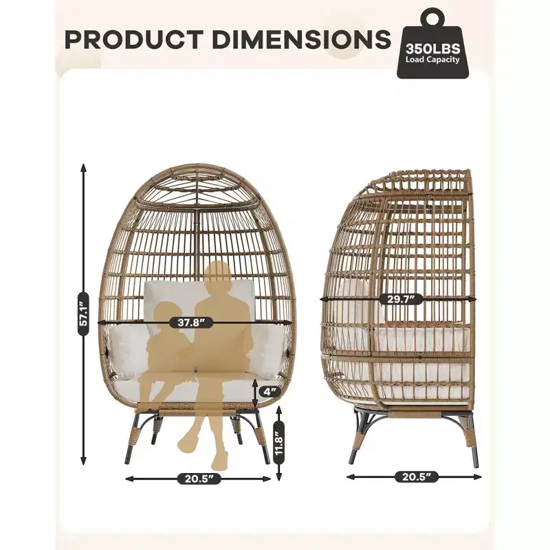 Egg Chair, Wicker Egg Chair with Plush Cushion, Steel Frame and Metal Base, Lounge Chair for Indoor & Outdoor Patio, Living Room, and Backyard