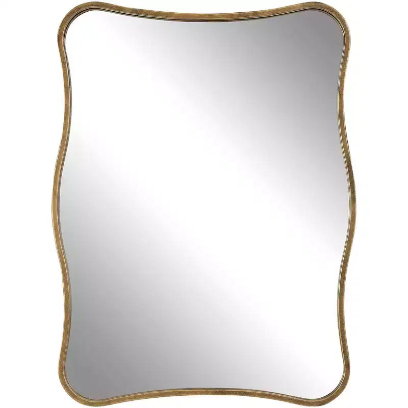 Antiqued Gold Curvy Vanity Wall Mirror, 28x36 �C Iron Frame, Non-Beveled Glass