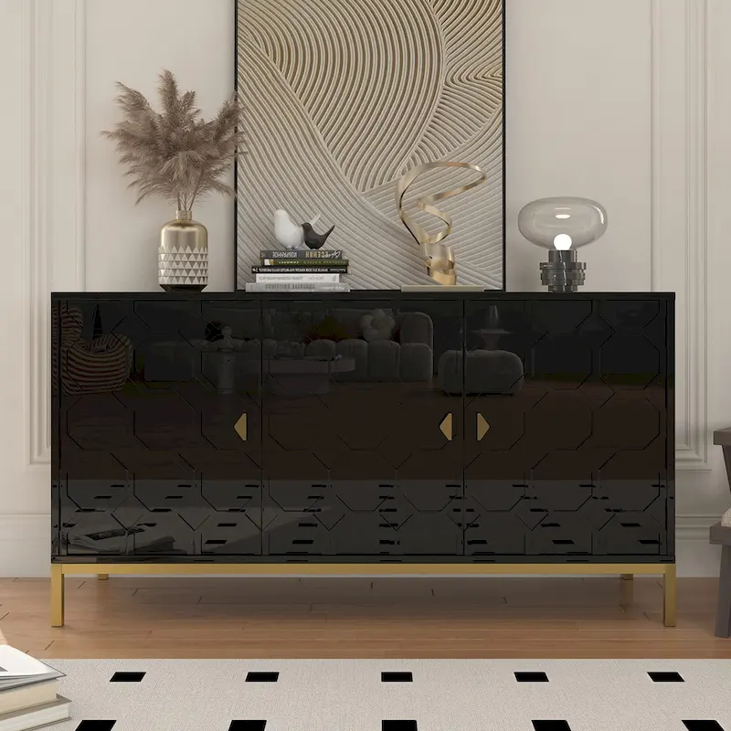Clihome 3 Door Glossy Media Storage Sideboard Accent Cabinet