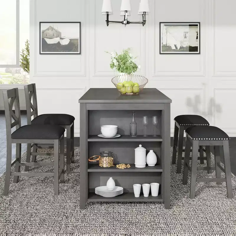 Whisen Farmhouse 5-Pieces Counter Height Dining Set with 2 Stools and 2 Chairs