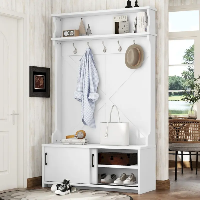 Hall Tree with Bench, Sliding Doors, Top Shelf & 5 Hooks