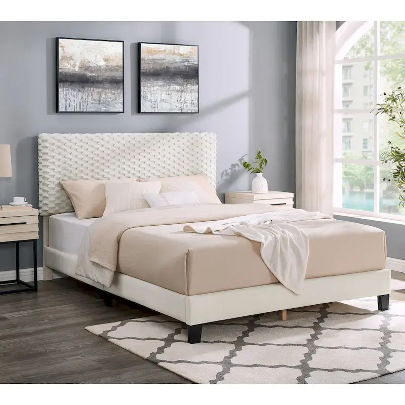 Queen Platform Bed with Adjustable Headboard, Dove Fabric