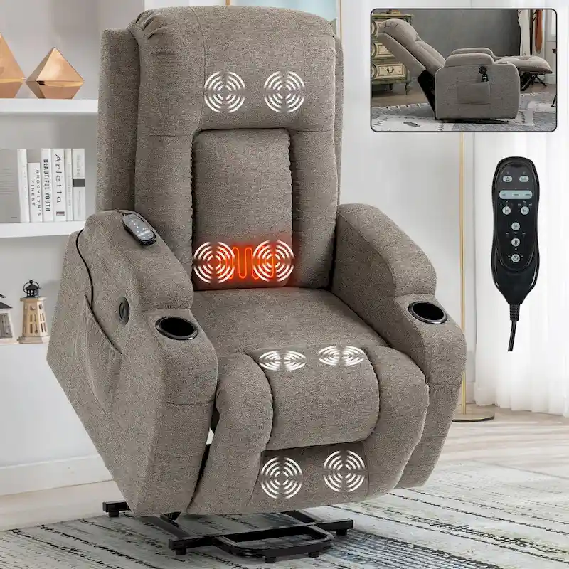 Lazy Boy Power Lift Recliner Chair, Modern Single Motor Massage Sofa Chair with Lumbar Heating, USB Charging Port, Cup Holders