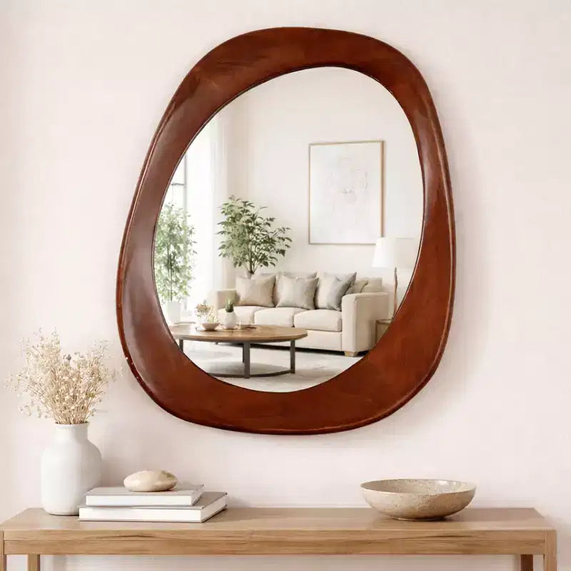 Decorative Oval Mango Wood Wall Mirror for Bedroom Decor - Elegant Wall Accent for Dorm, Bedroom Vanity or Living Room Styling - 35, Brown & Tan