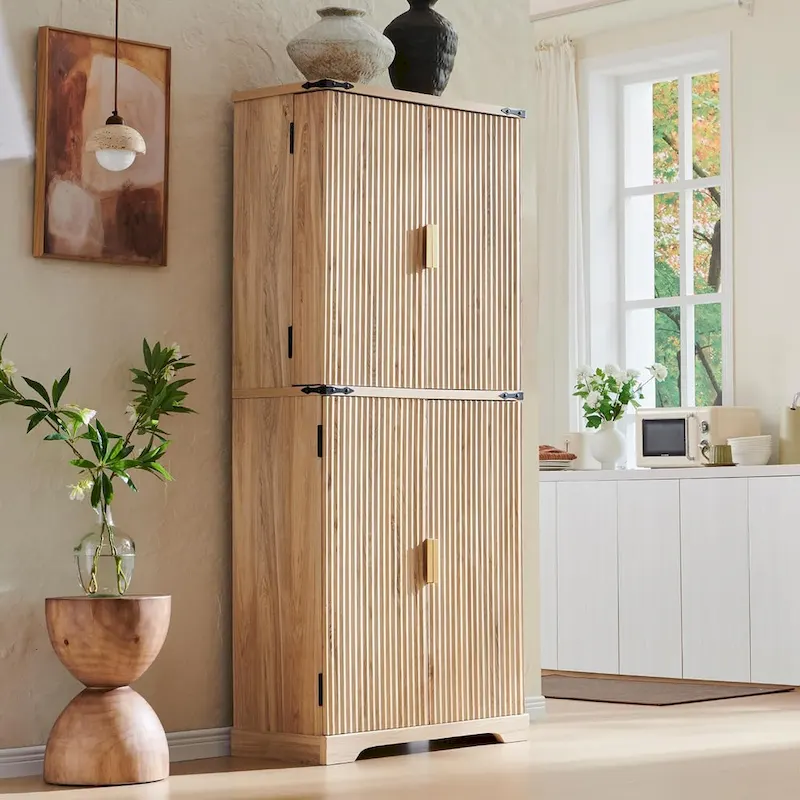 72 Tall Modern Fluted Pantry Cabinet, Storage Cabinet with 4 Doors