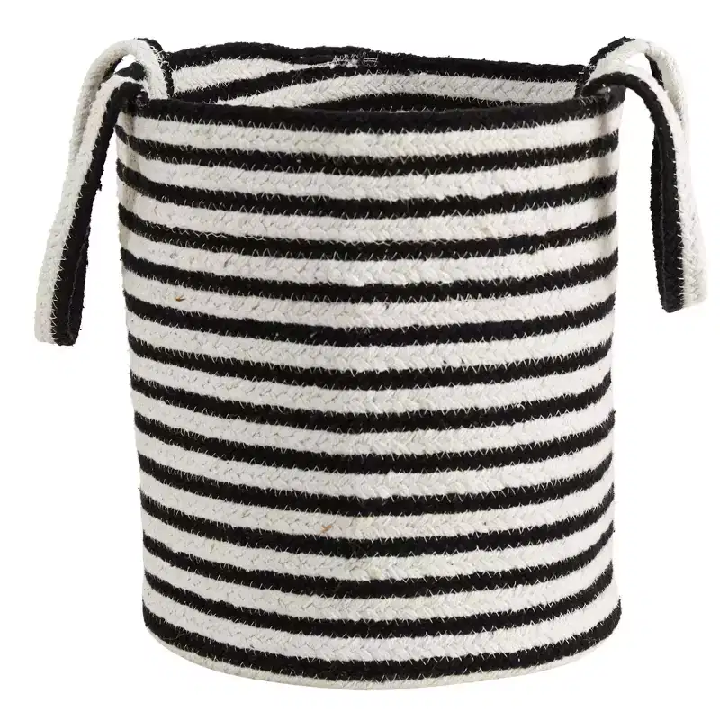 Nearly Natural 13-in Boho Chic Basket Planter Natural Cotton, Handwoven Black and White Stripe with Handles