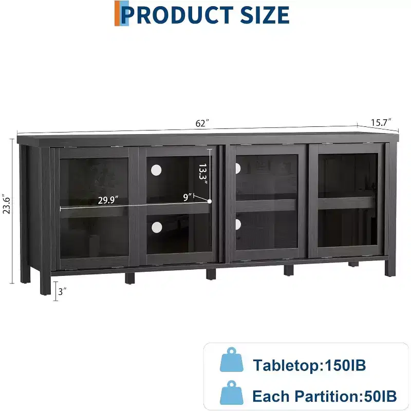 TV Stand for 65in TV, Modern Media Console Table with 4 Sliding Glass Doors & Storage Cabinet, Entertainment Center for Living Room Bedroom