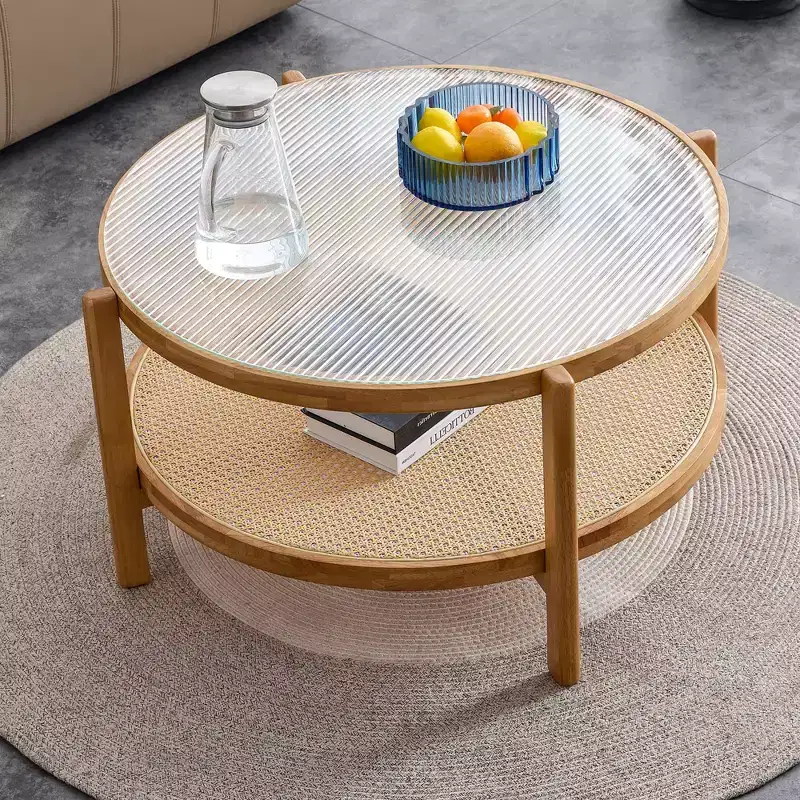 Coffee Table, Wood Modern Minimalist Round Double-Layer  Woven Rattan Chinese Style End Table for Living Room/Dining Room/Bedroom