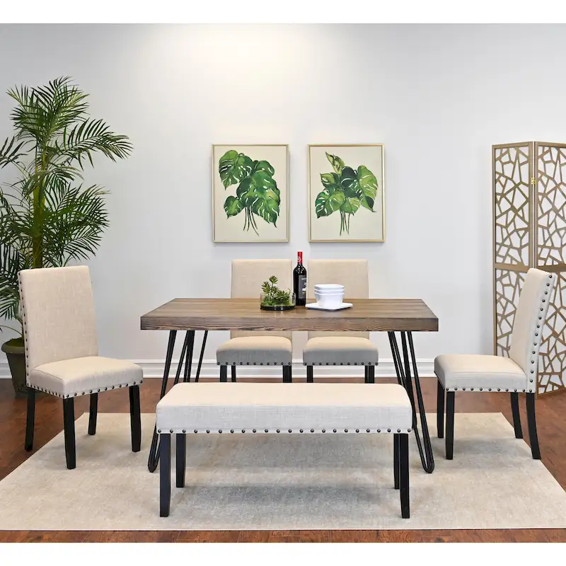 Roundhill Furniture Amisos 6-Piece Dining Set, Hairpin Dining Table with 4 Chairs and Upholstery Bench