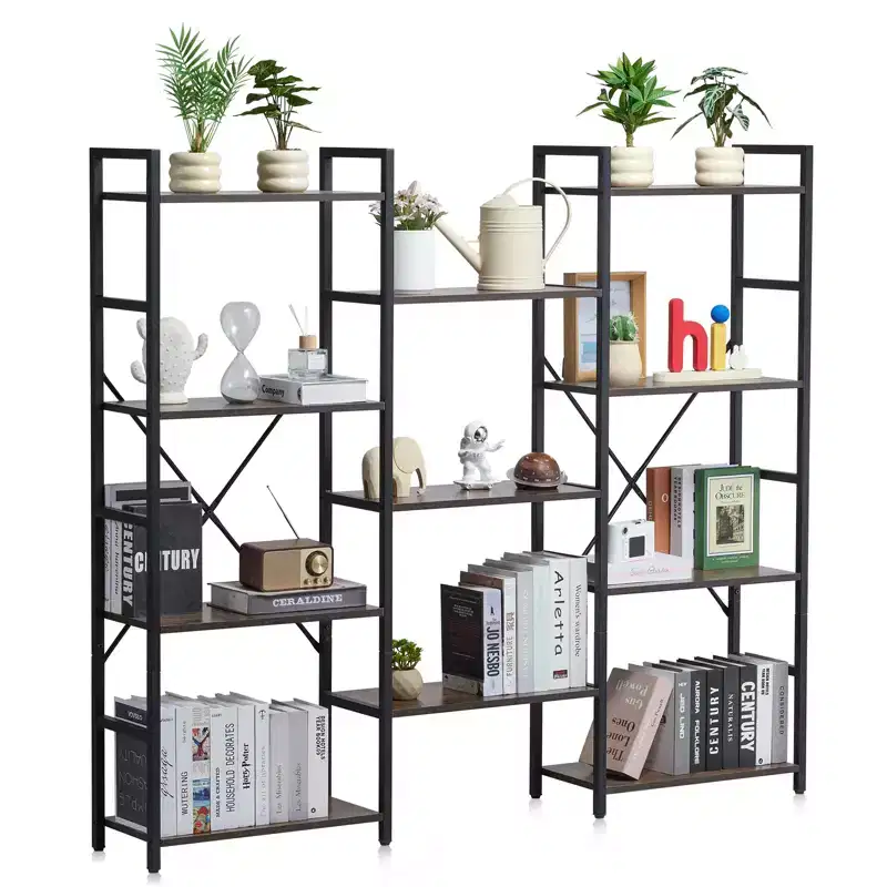 11-Tier Industrial Triple Metal Bookshelf �C Large Rustic Vintage Freestanding Bookcase