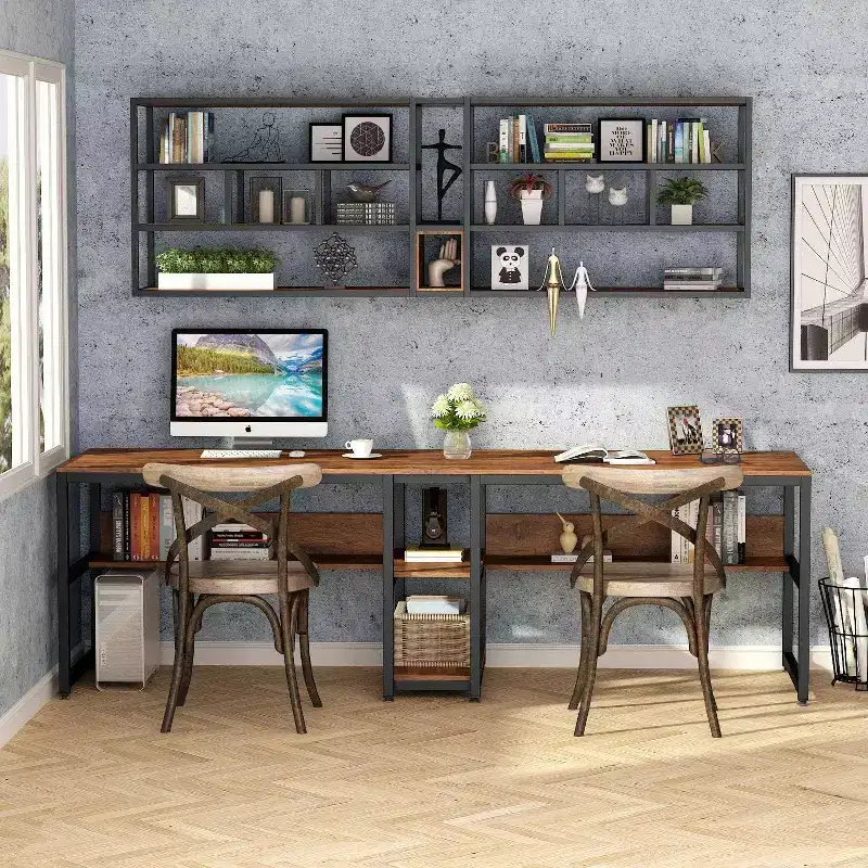 78.7" Double Desk with Bookshelf for Two Persons, Writing Workstation for Home Office