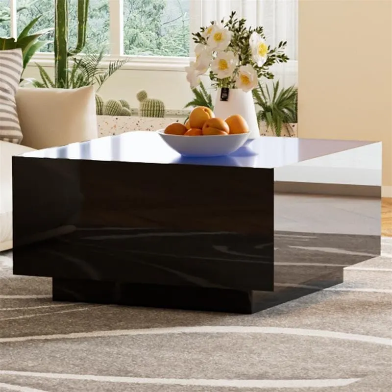Square Hight Glossy Coffee Table with 16-color LED Strip Lights, Modern Center Table with 5mm Frosted Tempered Glass Top