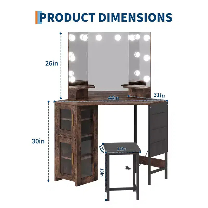 GustoWave Corner Vanity Desk with Mirror, 3-Color LED Lighting, Modern Makeup Vanity with Stool for Bedroom or Studio, Space-Saving Dressing Table