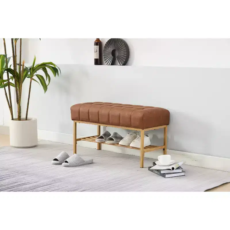 TUYOHW 32 Soft Teddy Shoe Bench with Shelf,Modern End-of-Bed Ottoman Bench,Entryway Bench with Storage & Metal Legs,300lbs Capacity