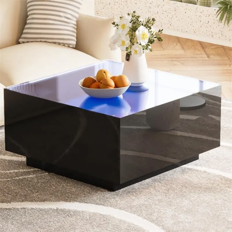 Square Hight Glossy Coffee Table with 16-color LED Strip Lights, Modern Center Table with 5mm Frosted Tempered Glass Top