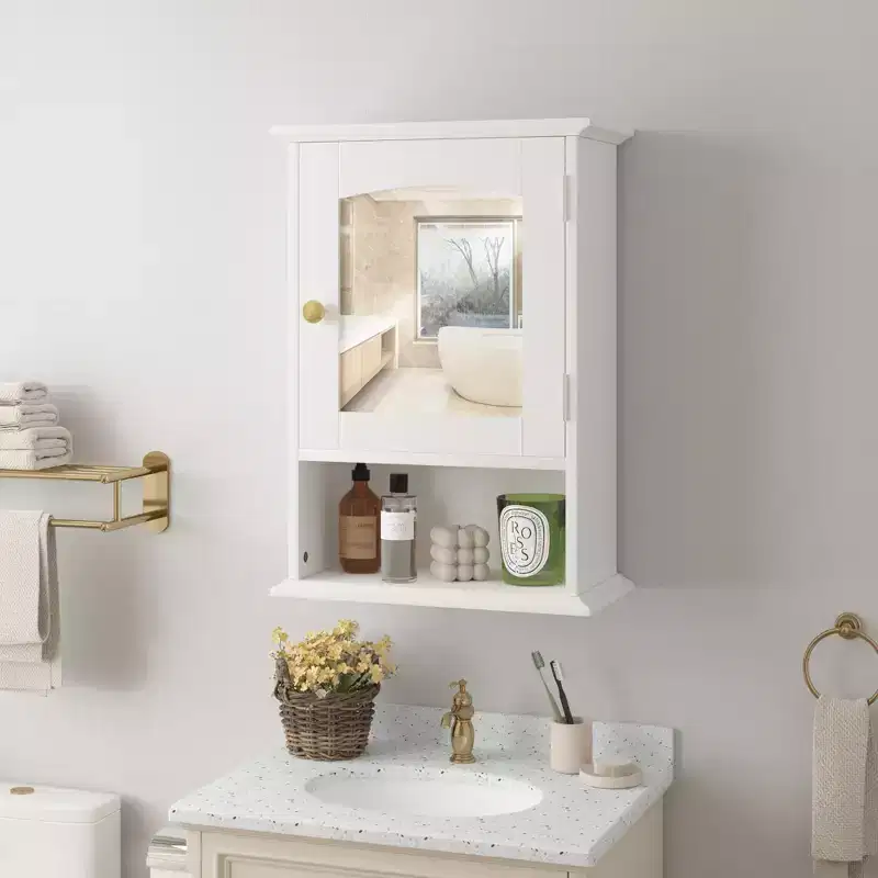 VECELO Bathroom Mirrored Cabinet Wall Mounted Storage Cabinet with Open Shelf and Door, White