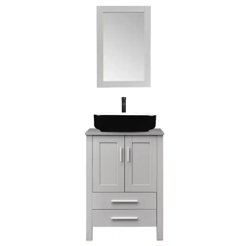 24 in. W x 19 in. D x 32 in. H Bath Vanity in Gray with Mirror and Sink Set