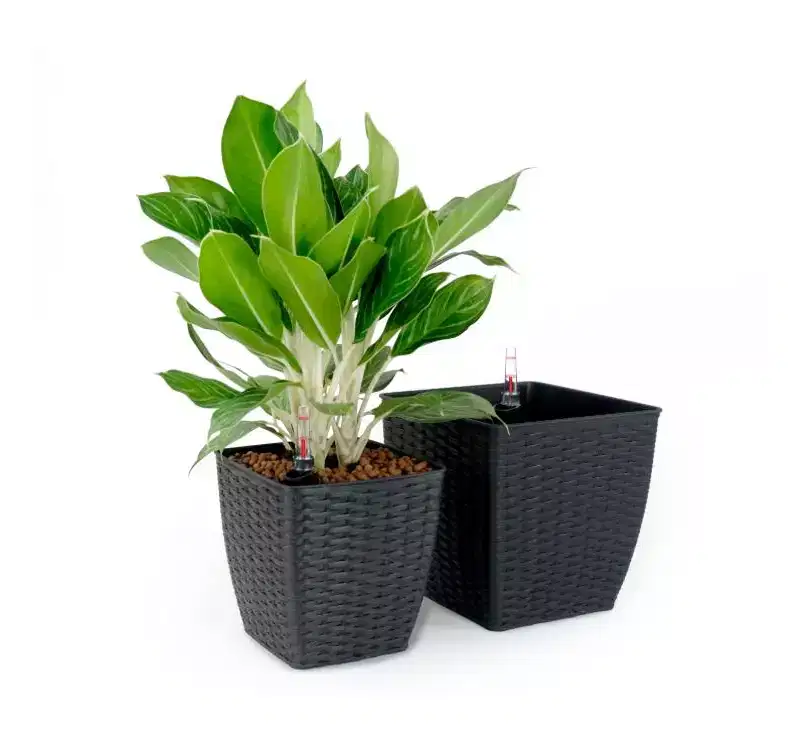 Self-Watering Planters, 2-Pack Plastic & Rattan Woven Thin Square Pots, Automatic Watering for Indoor & Outdoor - Espresso