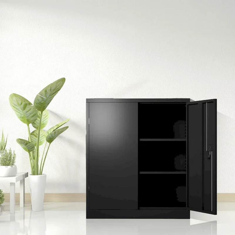 Black Steel Lockable Storage Cabinet Two Doors Adjustable Shelves