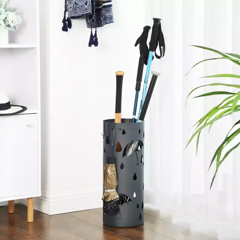 SONGMICS Umbrella Stand, Metal Umbrella Holder for Entryway, with Water Tray and 4 Hooks, 7.7 x 7.7 x 19.3 Inches, Round