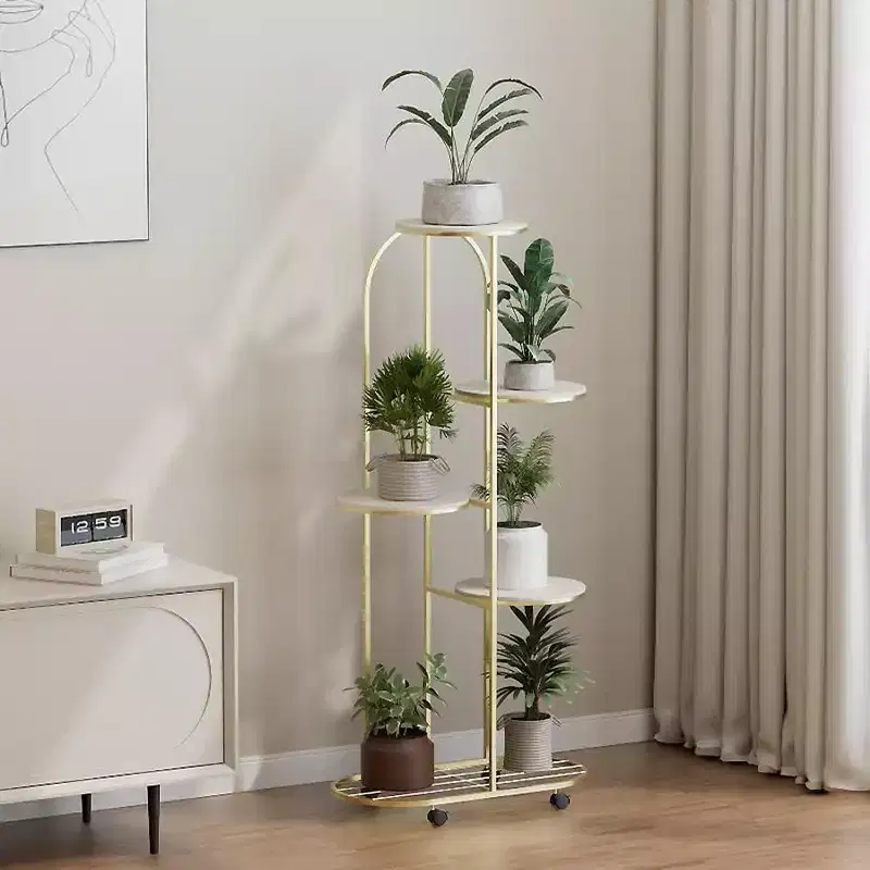 5-Tier Indoor Plant Stand with Wheels for 6 Pots, Metal Corner Flower Greenery Stand for Patio Gardens Bedroom Living Room Balcony, Champagne Gold