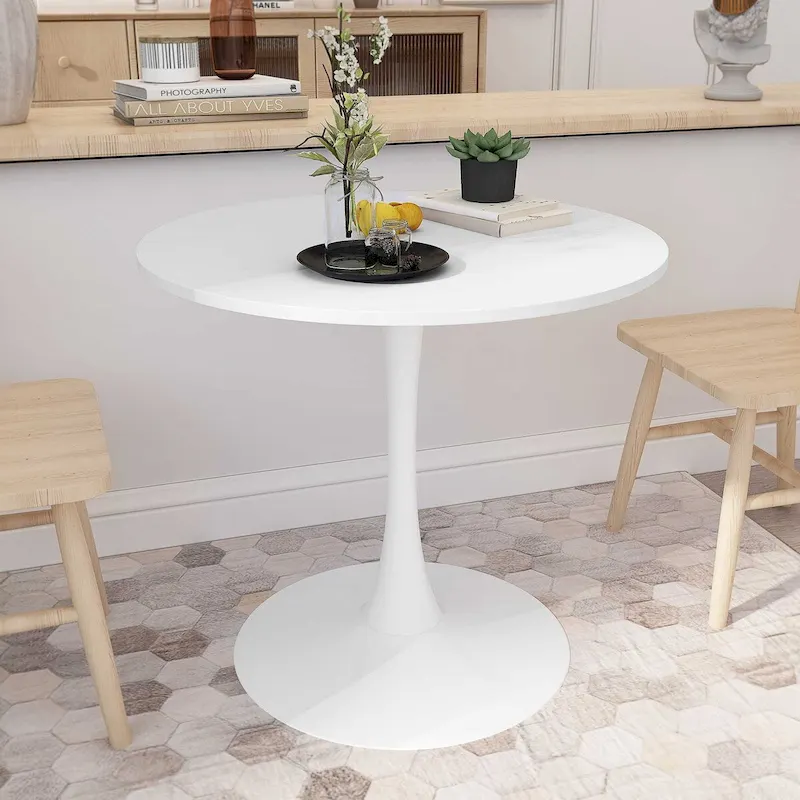 32-Inch Round Dining Table with Marble-Print MDF Top and Metal Base