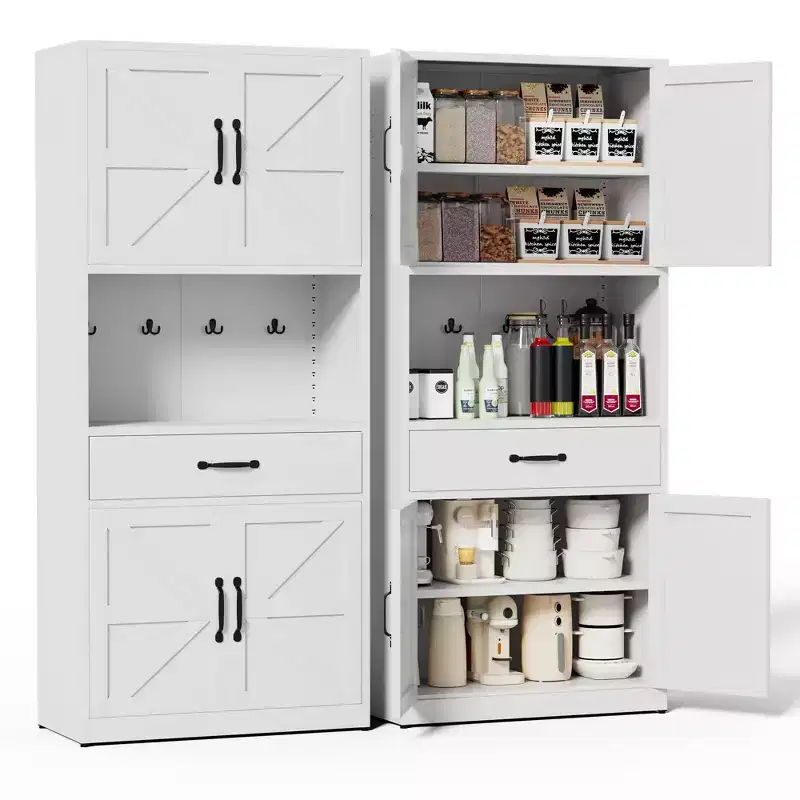 VIYET 71H Heavy-Duty White Steel Pantry Cabinet,Large Countertop+Adjustable Shelves+Drawers+Hooks,Modern Storage for Kitchen/Bathroom/Living Room