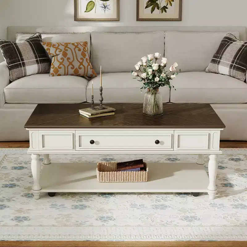 Coffee Table with Drawer and Lower Shelf, MDF Top, 4-Leg Base, 47.2 x 23.6 x 19.6 Inches