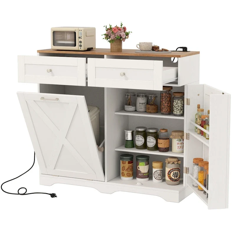 Tilt-Out Trash Can Cabinet with Outlets, 2 Drawers and Adjustable Shelf