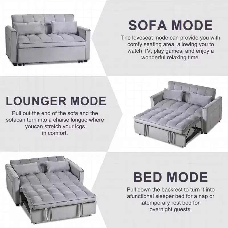 PexFix 3 in 1 Convertible Sleeper Sofa Bed Pull Out Couch Adjustable Backrest Velvet Loveseat Futon Sofa with Pillows for Living Room Apartment Gray