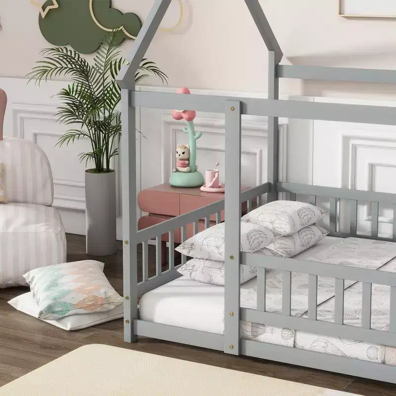 Bellemave Full Size House Floor Bed with Roof FrameSafety Guardrails,Wooden House Floor Bed with FenceBox Spring Not Required