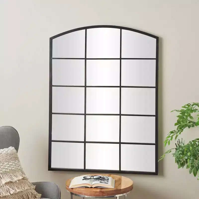 Olivia & May 48"x36" Metal Arched Window Pane Inspired Wall Mirror with Black Frame Black: Contemporary, No Assembly Required