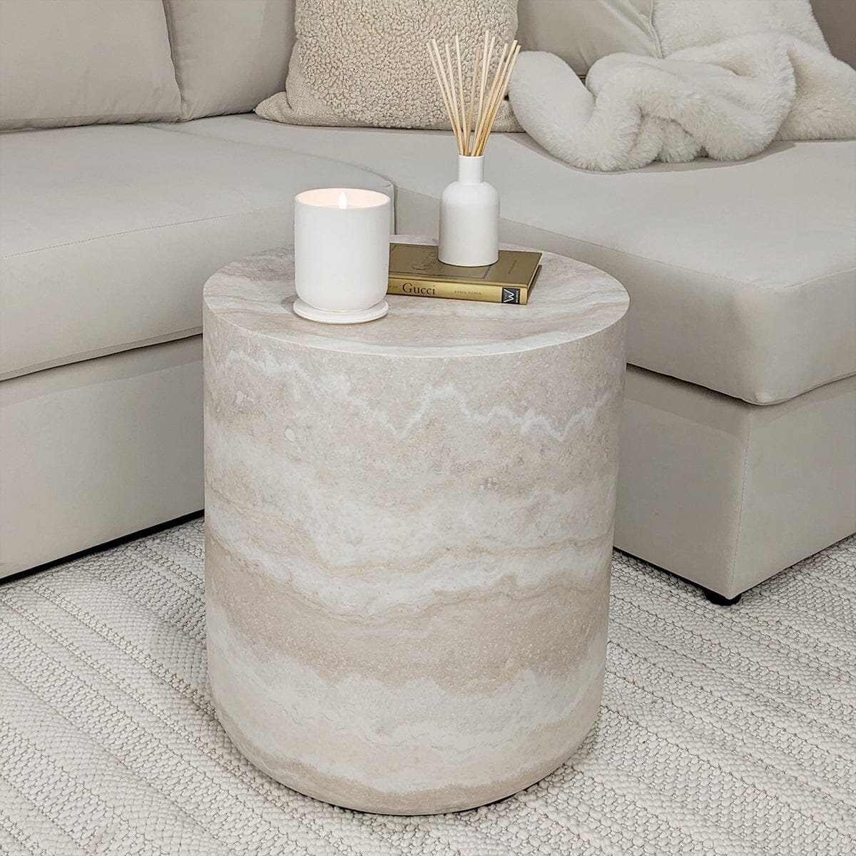 Round Neutral Marble Effect Side Table
