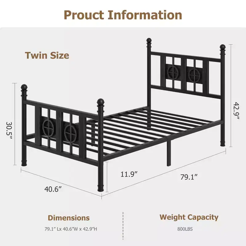 Bed Frame with Headboard and Footboard, Metal Twin Bed Frame w/Storage Space Under Bed, No Box Spring Required, Easy Assembly, Noise-Free