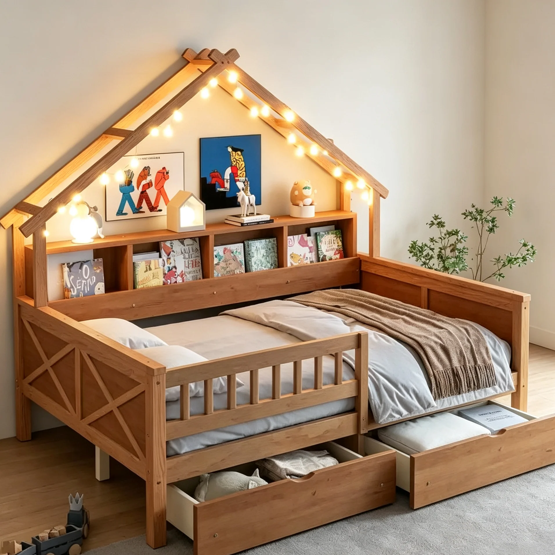 Full Size House-Shaped Kids Platform Bed with LED Lights & Storage Drawers