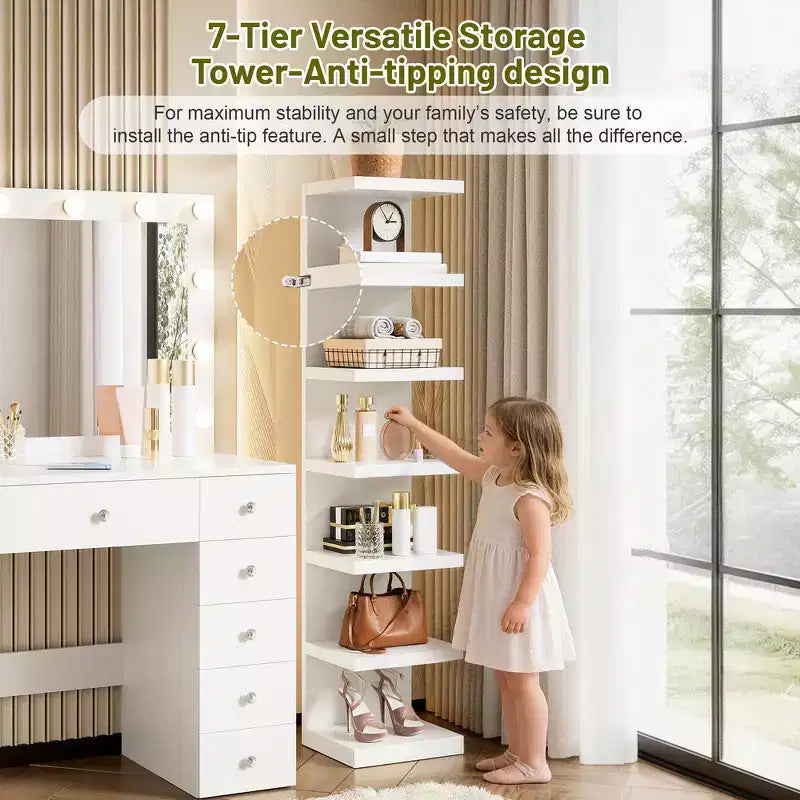 Whisen 2-in-1 Large Storage Makeup Vanity Desk, Dressing Table with Mirror, 11 Drawers, 7-Tier Storage Shelves - White