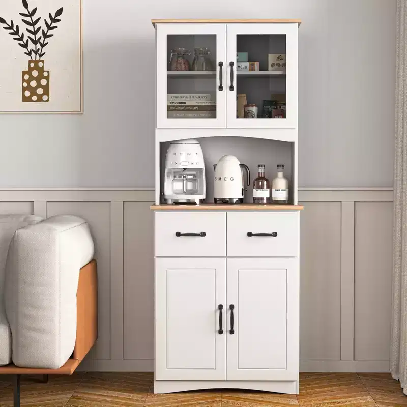 23" Wooden Kitchen Cabinet, Pantry Microwave Cabinet with Glass Doors and Drawers, Adjustable Shelves, White
