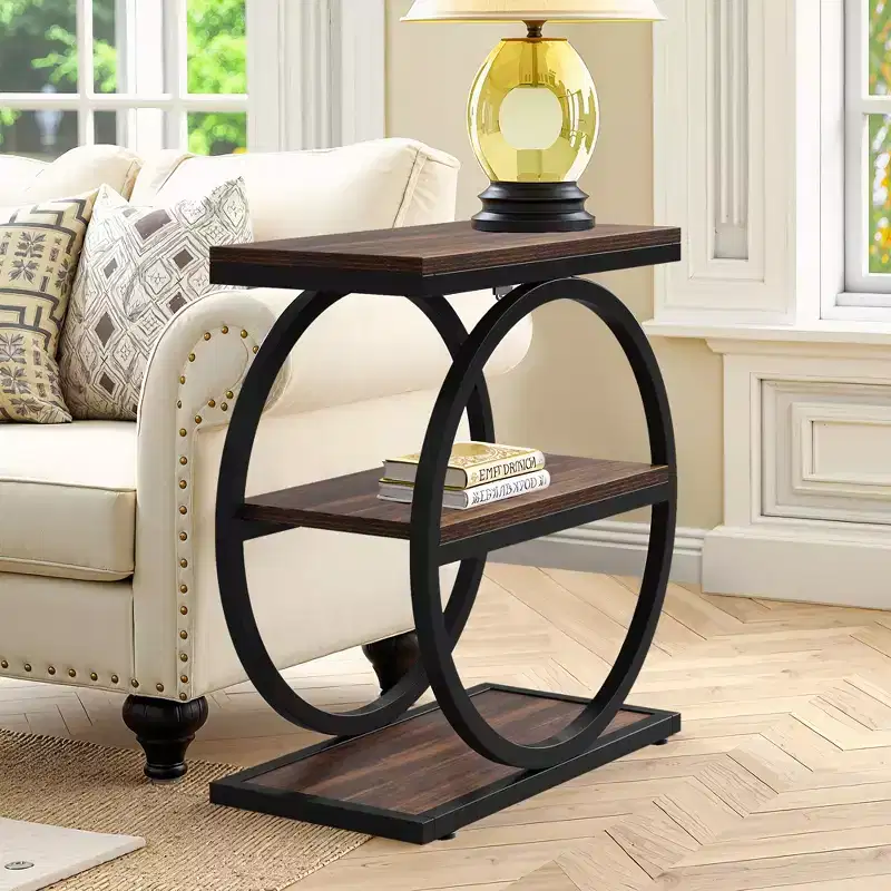 Rustic Industrial Side Table with 3-Tier Open Shelves - Set of 2