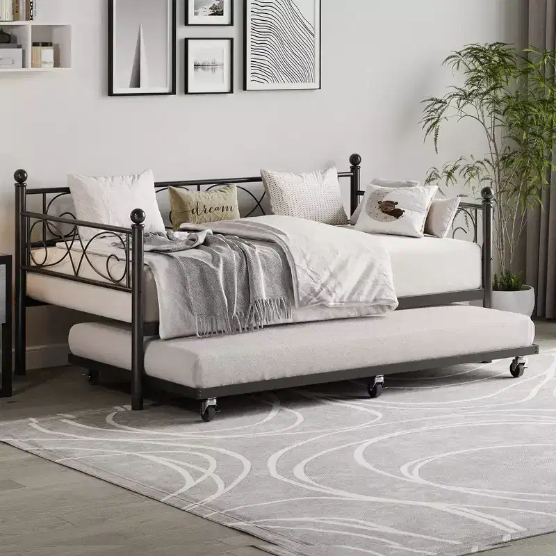 Twin Daybed with Pull-Out Trundle & Floral Iron Headboard - Black