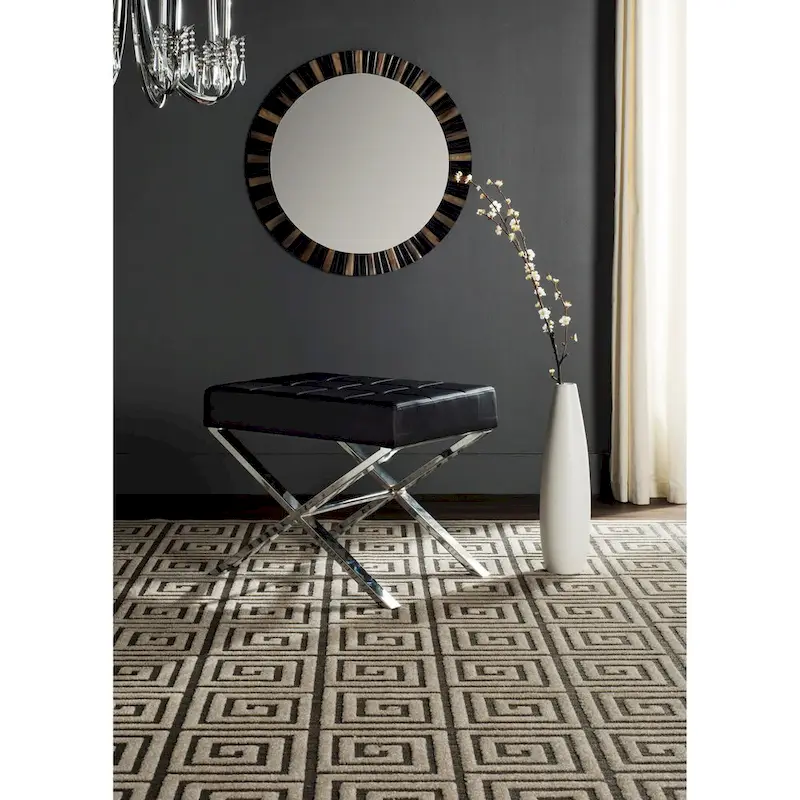Modern Tufted Leather Ottoman with X-Frame Chrome Base