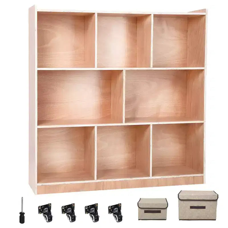 3-Tier Montessori Wood Shelves Toy Organizers and Storage, 8-Compartment Storage Cabinet w/4 Wheels, for Toddler Kids Room, Classroom, Nursery