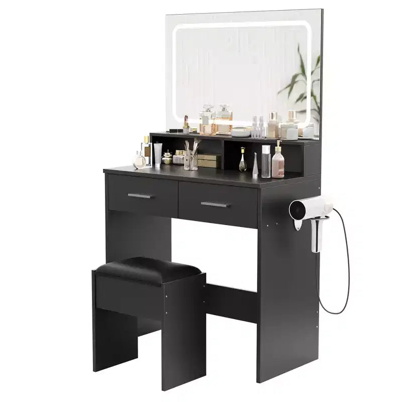 Vanity Desk with Mirror and Lights, Modern Dressing Table, 3 Color Modes Makeup Vanity, Cushioned Stool, 2 Drawers, Modern Dressing Table