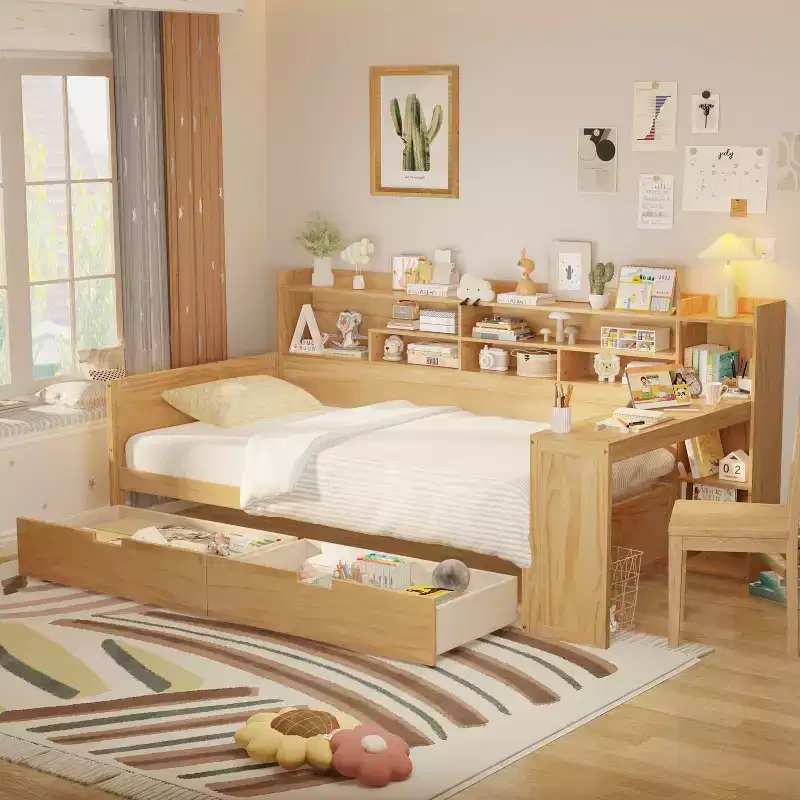 MAYEERTY Twin Size Bed with Storage Shelves Multifunctional Bed with Drawers and Study Desk Antique Natural