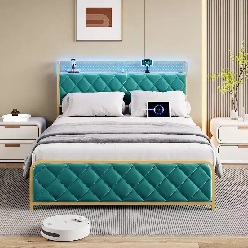 Bed Frame with Storage Headboard, Velvet Bed Frame with Charging Station, LED Light